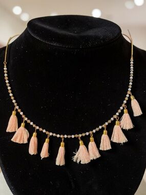 Boho Peach Tassel Necklace Gold Tone Beaded Fringe Statement Necklace
